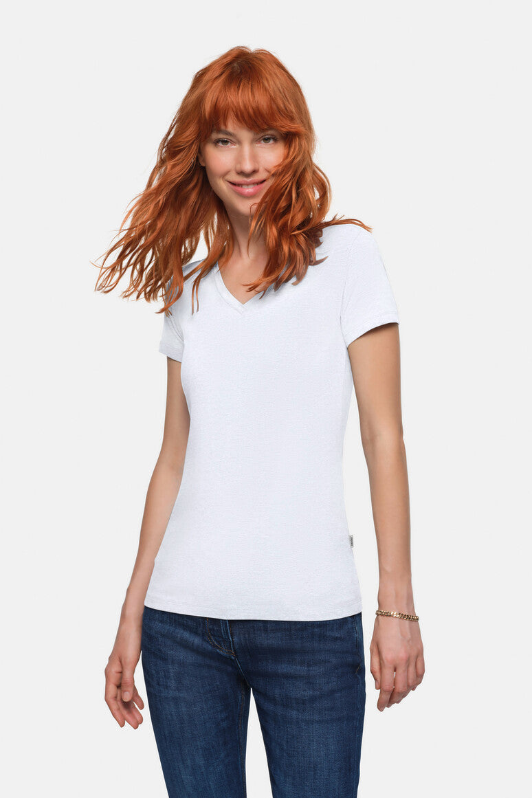 HAKRO Damen V-Shirt Stretch - weiß